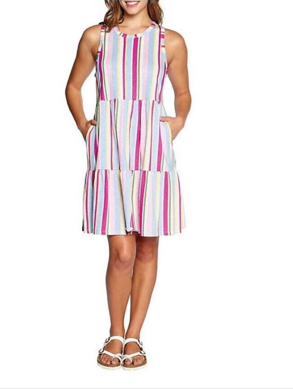 Gap Sleeveless Multi Stripe Tiered Midi Dress Pockets Medium